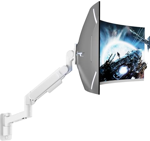 ARES WING 24-57 Monitor Wandhalterung für 1 Monitore bis 27 kg/arm, Weiß | Gasfeder Monitor Halterung Wand Höhenverstellbar Neigbar Schwenkbar, VESA 75/100, für Büro&Gaming