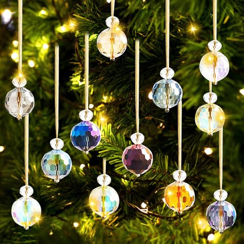 12PCS Christmas Tree Decorations Crystal Ball Hanging Ornaments 25mm, Glass Baubles Rainbow Prism Balls Suncatcher, Baubles Christmas Decorations Multicolor Hanging Pendants for Xmas Tree Wedding