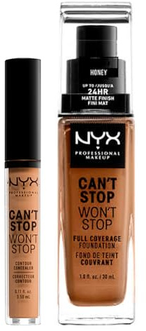 NYX Professional Makeup Can't Stop Won't Stop Concealer Farbton 14 Golden Honey Mehrzweckflüssigkeit 3,5 ml + Foundation Farbton 15.8 Honey Flüssig Wasserdicht Langer Halt 24h 30ml - 2er-Set