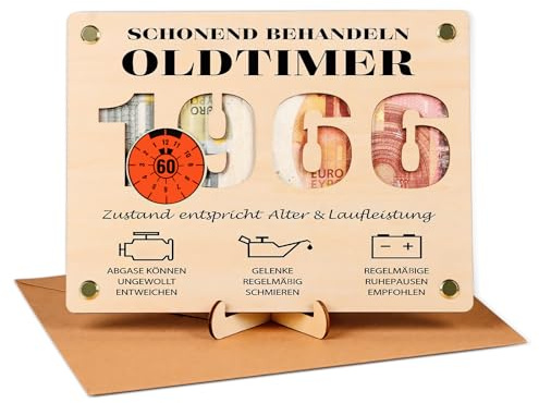 Geldgeschenk 60 Geburtstag Mann, Witzige Geldgeschenke Holz mit Umschlag | 2026 Geschenk 60 Geburtstag Mann - Schonend Behandeln 1966 Oldtimer