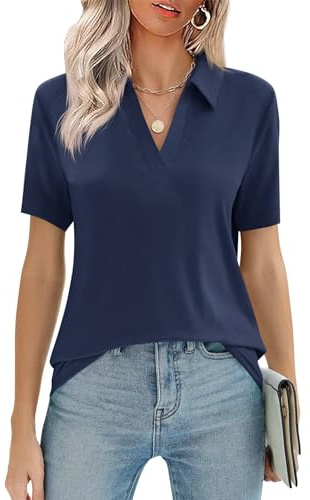 Cicy Bell Polo da donna con scollo a V, a maniche corte, maglietta, blusa, polo da lavoro, top., Blu mare, L