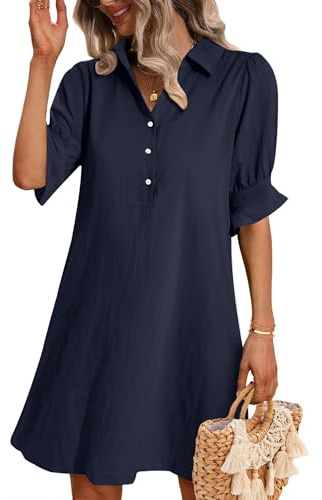 Zeagoo Vestido Verano Mujer Camisero con Manga Volante Cuello V Mini Vestido Elegante Casual Summer Dress for Women Botones Cómodo y Transpirable Vestidos Playeros Azul Marino XL