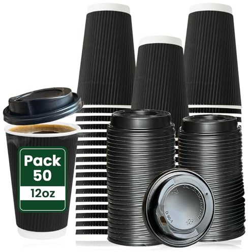 ECONX 50 Pack Takeaway Coffee Cups with Lids 12oz Black | Disposable Insulated Triple Wall Ripple Kraft Paper Coffee Cups for Takeaway Coffee, Tea Disposable Cups for Takeaway Hot Drinks