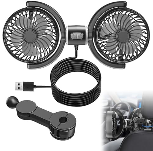 Ventilateur Voiture 12V, Ventilateur de Voiture Double Tête USB, Ventilateur de Refroidissement de Voiture Double Tête, 3 Vitesses Réglables, Rotation à 360° Ventilateur Portable Voiture pour SUV/RV