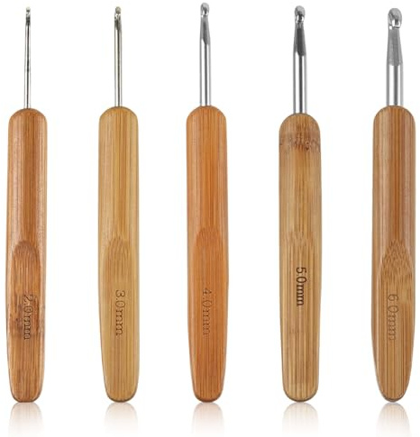 5-teiliges Häkelnadel-Set aus Holz, 5 Größen (2.0-6.0mm), Ergonomische Tunesische Häkelnadeln mit Griff für Anfänger und Profis, Inklusive Aufbewahrungstasche