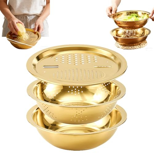 2026 Multifunctional Stainless Steel Gold Colander Set, 3 in 1 Shredding Drainage Chopping Basin with Fruit Peelert, Ideal for Vegetable Fruit Washing Cutting, Rice Rinsing (26 cm)