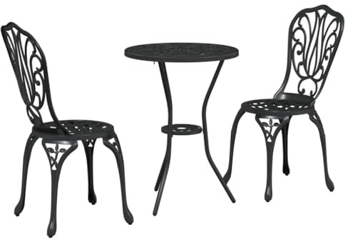 Qnhdfrt Set da bistrò da giardino, 3 pezzi, in alluminio, con tavolo e 2 sedie, set per terrazza e giardino, design moderno, nero, 53 x 53 x 70,5 cm