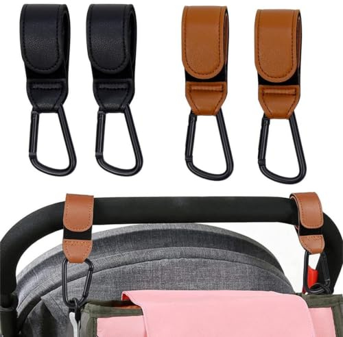 4 Pièces Crochet Poussette Universel en Cuir (2 Noir, 2 Marron) | Attache Sac à Langer Poussette et Mousqueton Poussette pour Sac de Courses et Accessoires Poussette, 21x3cm