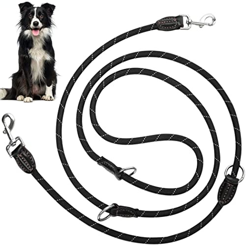 Dog Leash, Reflective Nylon Double Leash with 2 Carabiners and 3 Adjustment Rings, Adjustable 3 m, 1.3 cm x 3 mm Shoulder Leash for Jogging and Training, for Medium and Large Dogs