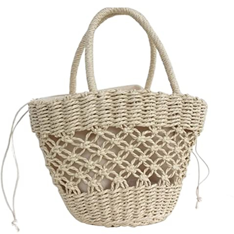 Stråväska Stråvävda Handväskor Strandväska För Kvinnor Korg Vävd Flätad Med Övre Handtag Shoppingpartyhinkkoppling För Kvinnor(White)