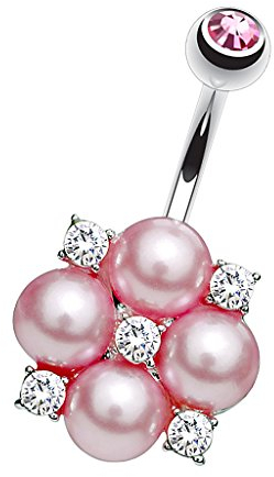 Piersando Bauchnabelpiercing Piercing Bauch Banane Stecker 316 L Chirurgenstahl Stab Gebogen Blumen Blüte Anhänger mit Perlen Strass Kristall Rosa