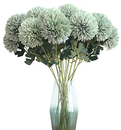 cn-Knight Artificial Flower 8pcs 22'' Long Stem Silk Pompon Flower Pom-Poms Hydrange Dahlia Daisy Dandelion for Wedding Bridal Bouquet Bridesmaid Home Décor Baby Shower Centerpiece(Green)