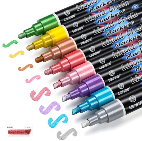IJIANG Liquid Chalk Markers - Metallic 8Colors, Chalk Markers - 6mm Reversible Tip for Glass, Window, Cars, Chalkboard, Whiteboard, Blackboard Signs
