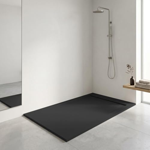 Plato de ducha resina FLOW desagüe lineal frontal color Negro 150x70 textura pizarra antideslizante rejilla extraplana integrada a juego. Incluye válvula de desagüe