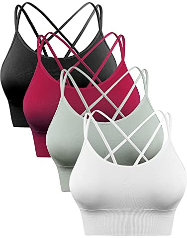 Sykooria Sport-BH dam, vadderad bustier, dambehå utan bygel, spagettiband, korsad rygg, design, push up bh, sportbh, topp för yoga, fitness, A-svart + vinröd + grön + vit, L