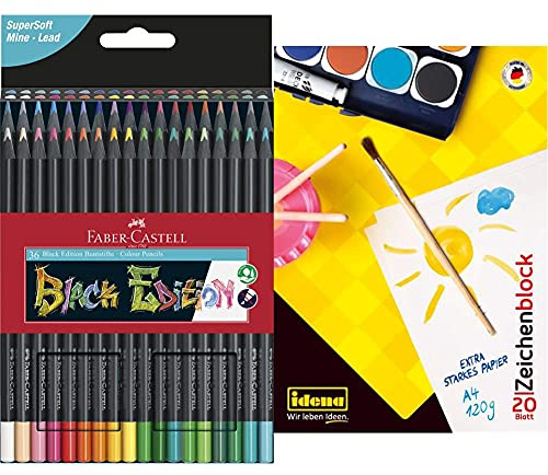 Faber-Castell 116436 - Buntstifte Blackwood, 36er Etui + Idena 10387 - Zeichenblock, DIN A4, 20 Blatt, 120 g/m², 1 Stück
