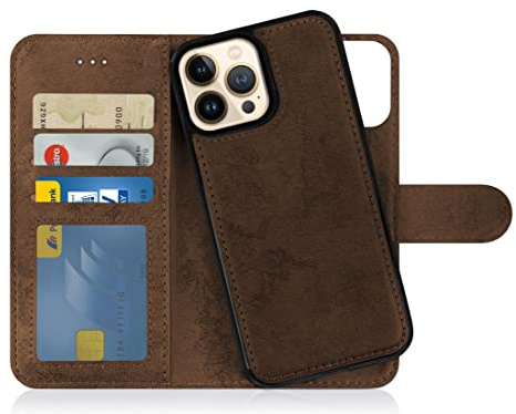 MyGadget Flip Case für iPhone 13 Pro Max - [ abnehmbare Magnet Hülle ] - Handyhülle aus Kunstleder - [ Klapphülle mit Kartenfach ] Schutzhülle in Braun