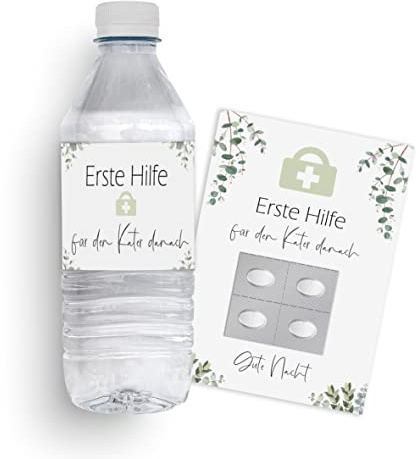 Nastami 20 x Set Für den Kater danach Eucalyptus 20 Banderolen für Wasserflasche + 20 Postkarten