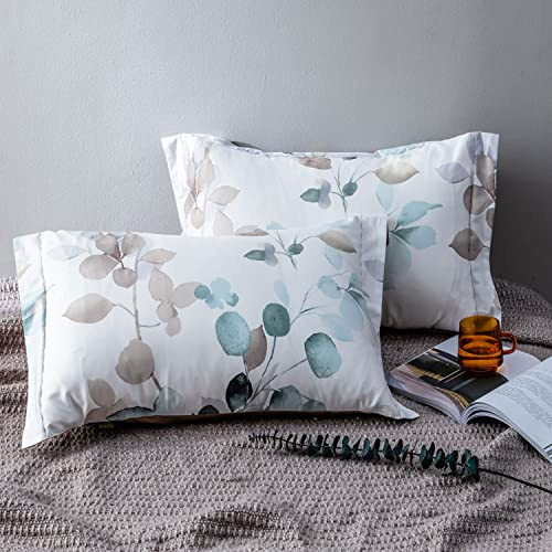 MILDLY 100% Long-Staple Cotton Pillow Shams -Gradient Teal Leaves Pattern Envelope Pillowcases King Size 20x36 2pcs