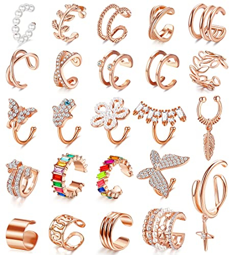 LOLIAS 24 Stück Gold Ear Cuff Ohrklemme Ohrringe Damen Kleine Creolen Ohrstecker Fake Earrings Helix Knorpel 18K Vergoldet Hypoallergene Manschette Ohr Clips Helix Pircings