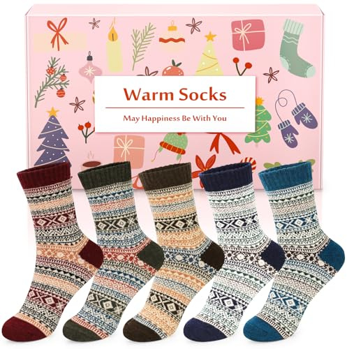 Airabc Thermal Winter Women Socks 5 Pairs Warm Christmas Socks for Women | Thick Cosy Warm Soft Breathable Christmas Socks for Her Wife Women Gift UK4-8 Home Office School Outdoors