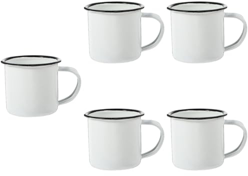 BESTonZON 5 Stück Emaille Becher Set, Retro Emailletasse für Camping & Outdoor, Vintage Kaffeetasse Trinkbecher für Kaffee Tee Saft, 220ml Leichte Becher Weiß mit Schwarzem Rand