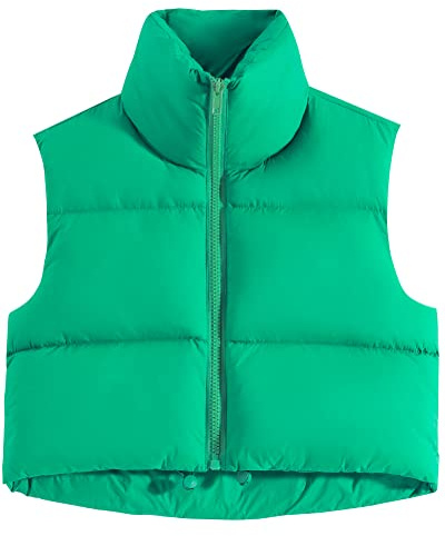 fuinloth Mujer Chalecos Exteriores Chaqueta Corta sin Mangas Chaleco Cuello Alto de Invierno Acolchado Ligero Abrigos Verde Brillante M