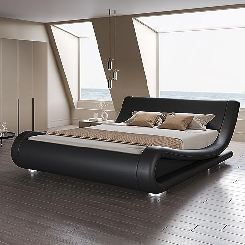 SHA CERLIN Queen Size Upholstered Bed Frame, Deluxe Low Profile Sleigh Bed with Faux Leather Ergonomics Headboard, No Box Spring Needed & Easy Assembly, Black