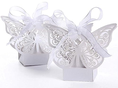 50 Stück Schmetterling Laser geschnittene Geschenkboxen DIY Hochzeit Geburtstag Geschenk Süßigkeiten Boxen mit Bändern (weiß)
