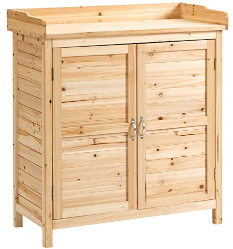 Outsunny Armario de Jardín de Madera Cobertizo Exterior Cobertizo para Almacenaje con 2 Puertas Estante y Patas Elevadas para Terraza Patio 83x40x92 cm Natural