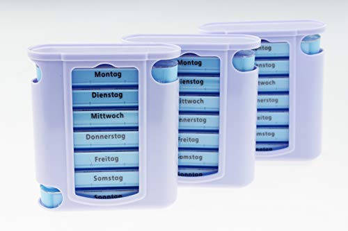 KAMACA 3 er Pack (= 3 Stück) praktischer Medikamentendosierer 21 Tage mit 4 Fächern pro Tag, Pillendose,Pillenbox, Tablettenbox, Wochendosierer (3er Set - 3 Wochen)