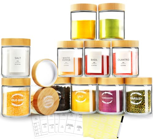 AISIPRIN Spice Jars with Label,12 Pcs 8oz Glass Jars with Bamboo Lids,Spice Organizer for Cabinet,Drawer, Rack, Seasoning Organizer Containers,Including 2 Type Labels