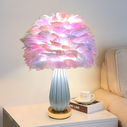 ZYLEISENBAO Colorful Feather Lamp Modern Feather Table Lamp Nordic Fluffy Bedside Lamp Cute Princess Desk Lamp for Kid Girl Bedroom Living Room Entry Office Nursery Wedding Decoration Gift
