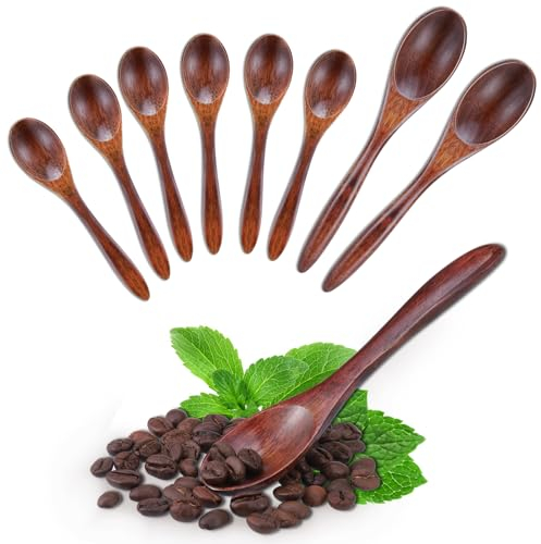 Kssvzz 8 Stück Holzlöffel Esslöffel, Kleine Natur Holzlöffel, Umweltfreundlicher Holzlöffel für heiß Schokolade Honiglöffel Kaffeelöffel