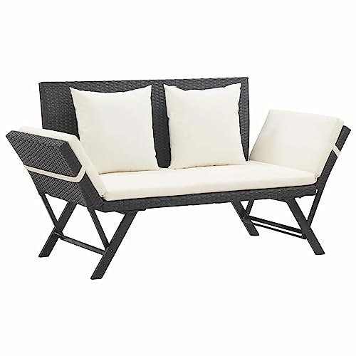 Gecheer 2-in-1 Tagesbett Sonnenliege/Gartenbank Bank Liegestuhl Sitzbank Beide Seiten sind verstellbar (130-176) x 70 x 80 cm (B x T x H),Sitzhocker Gartenliege Schwarzes Rattan + cremeweiße Kissen