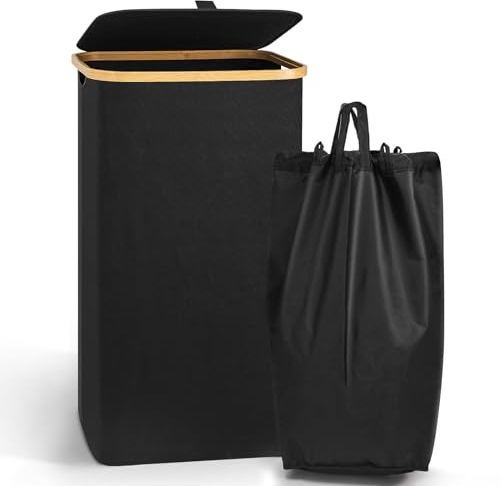 WISYOK Wäschekorb mit Deckel 100L, Waschekorbsammler Schmal mit Bambusrand und Innentasche, Hoher Wäschebox, Faltbarer Wäschetonne, Wäschetruhe, Laundry Basket für Schlafzimmer Badezimmer - Schwarz