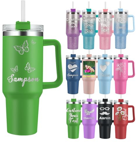 Thermobecher Personalisierter mit Henkel und Strohhalm 1200ml Becher mit Namen, Logo, Geburtsblume und Text Personalisierte Geschenke für Männer und Frauen Vatertagsgeschenk Muttertagsgeschenke
