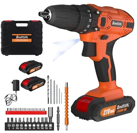 21V Cordless Power Drill Combi Drill with 2X Batteries, Max 45N.M Torque Screwdriver Electric Power Tools Battery Powered Drill and Screwdriver Set with Variable Speed, Led Light, 3/8 Chuck, Orange