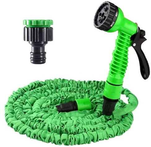 Drasohuija Tubo Flessibile da Giardino da 15 m, 7 Funzioni, Doccia e Adattatori Rapid, Tubo Flessibile per Irrigazione, Animali Domestici, Lavaggio Auto, Verde