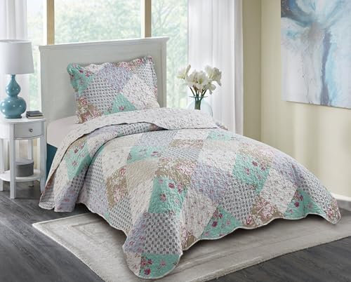 Brilliant Sunshine Blaue und grüne Rose Patchwork, 2-teiliges Steppdecken-Set mit 1 Kissenbezug, wendbare Tagesdecke, weiche, leichte Decke, Ganzjahresdecke, Doppelbett, Blaugrün