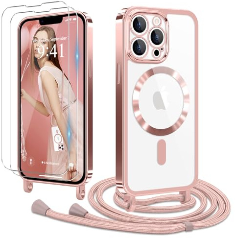 Ethanger für iPhone 13 Pro Max Hülle mit Band + 2 Schutzfolie, Rosa | Handyband Transparent Silikon Handyhülle, Magnetische Schutzhülle Case zum Umhängen Kordel