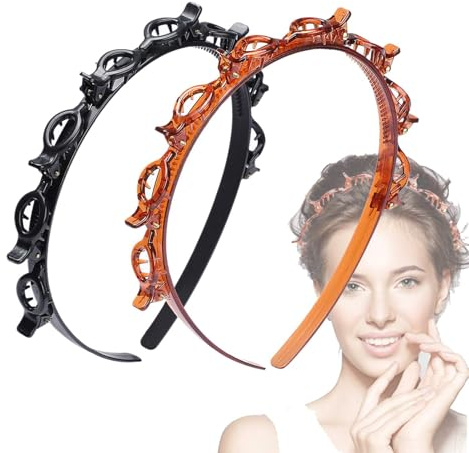 NATOSU 2 Stück Haarband mit Clips, Haarbänder mit Clips, Twist Braid Stirnband, Stirnband Haarhalter, Haarschmuck, Haarband zum Stylen von langen und kurzen Haaren