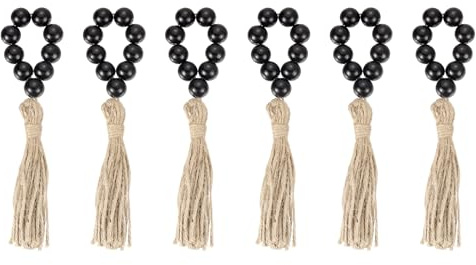 QUARKZMAN 6Stk Holz Perlen Serviettenring Bauernhaus Holz Perlen (Schwarz) | Servietten Schnallen mit Jute Seil Quasten für Weihnachten Thanksgiving Hochzeit Zuhause Tisch Dekor