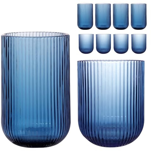 WeirdUncle Set of 8 Ribbed Glassware,4 Highball Glasses 14oz & 4 Rocks Drinking Glasses 9oz, Origami Style, Fluted Design, for Milk, Water, Cocktail, Juice, Beer, ToothBrush Cup, Gif (Blue)