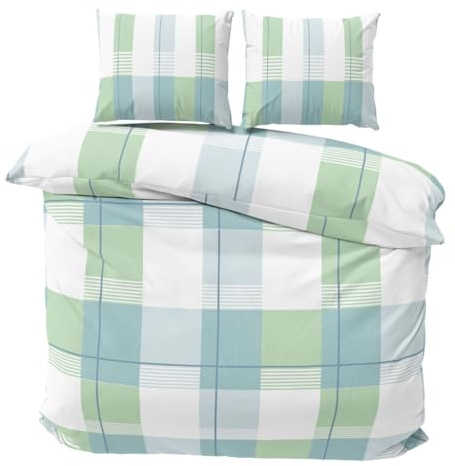 Visaggio Biber Bettwäsche 240x220 cm flauschig Feinbiber Bettbezug Winterbettwäsche 2X Kissenbezug 80x80 cm gestreift Grün Petrol Ehebett 3teilig