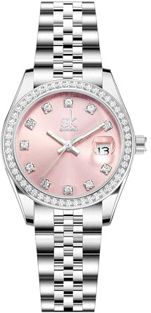 SHENGKE Montre pour Femmes avec Bracelet en Alliage d'acier et Cristaux Montre à Quartz et Calendrier pour Femmes (Argent-Rose)