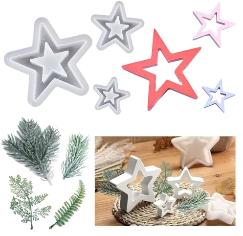 Silikonform Weihnachten Stern, 3 Stück Silikonformen Gießformen Sterne, Gießformen Silikon Sterne, mit 4 Simulierten Greenery, DIY Weihnachten Handwerk für Dekoration Esstisch Mittelstück Form.