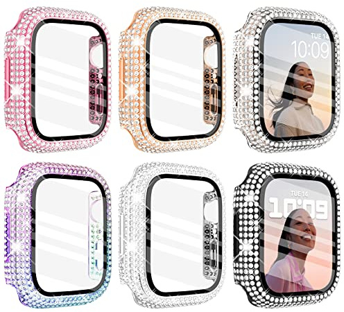 WINGLE Compatible with Apple Watch Screen Protector 46mm Series 11 10, Lady Shiny Diamond Protector Bumper Cover with Tempered Glass Screen Protector for Apple watch case 46mm, 6 Pack