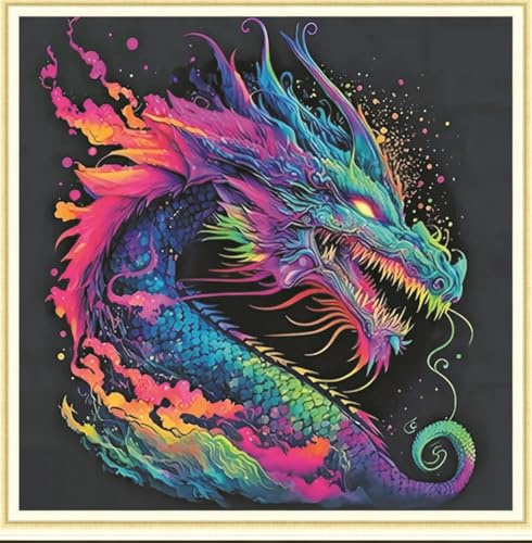 Meecaa Kreuzstich-Sets 11 Count gestempelt, buntes Drachen-Tier-Stickset mit Zubehör, vorgedruckt (36 x 36 cm) (Drache)