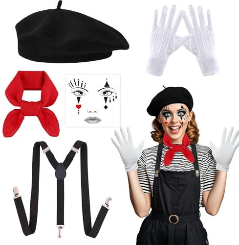 5 pezzi costume francese donna uomo costume da artista mimo accessori —— berretto francese, guanti, bretelle a Y, sciarpa rossa, adesivi per il viso, cosplay carnevale vestito per festa mondiale del